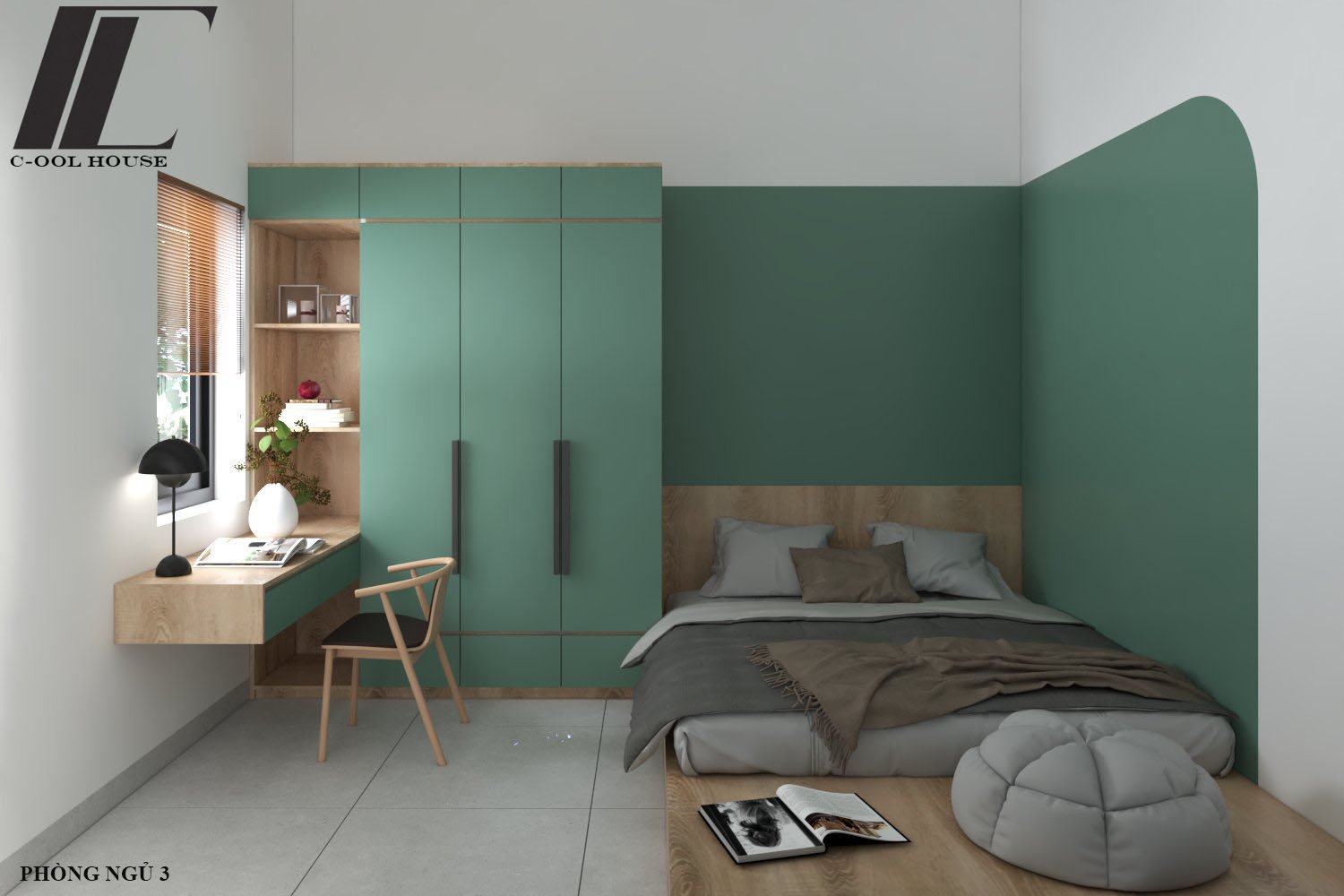 Phòng ngủ tông xanh lá pastel kết hợp nội thất gỗ