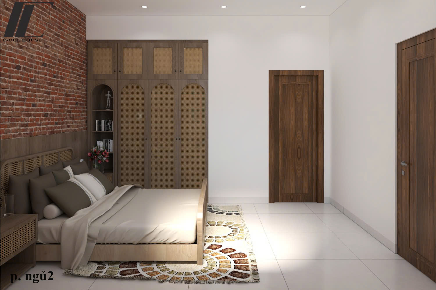 Phòng ngủ mang tông màu trung tính, ánh sáng dịu, tạo cảm giác thư giãn cho gia chủ.