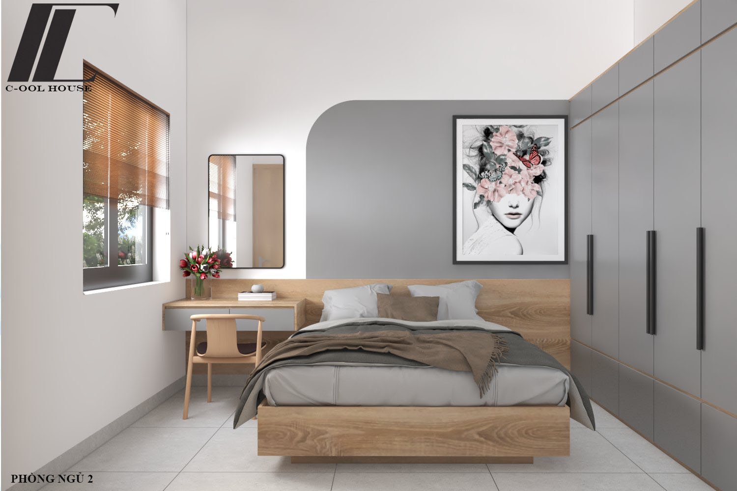 Phòng ngủ hiện đại tông xám – gỗ với tranh treo nghệ thuật