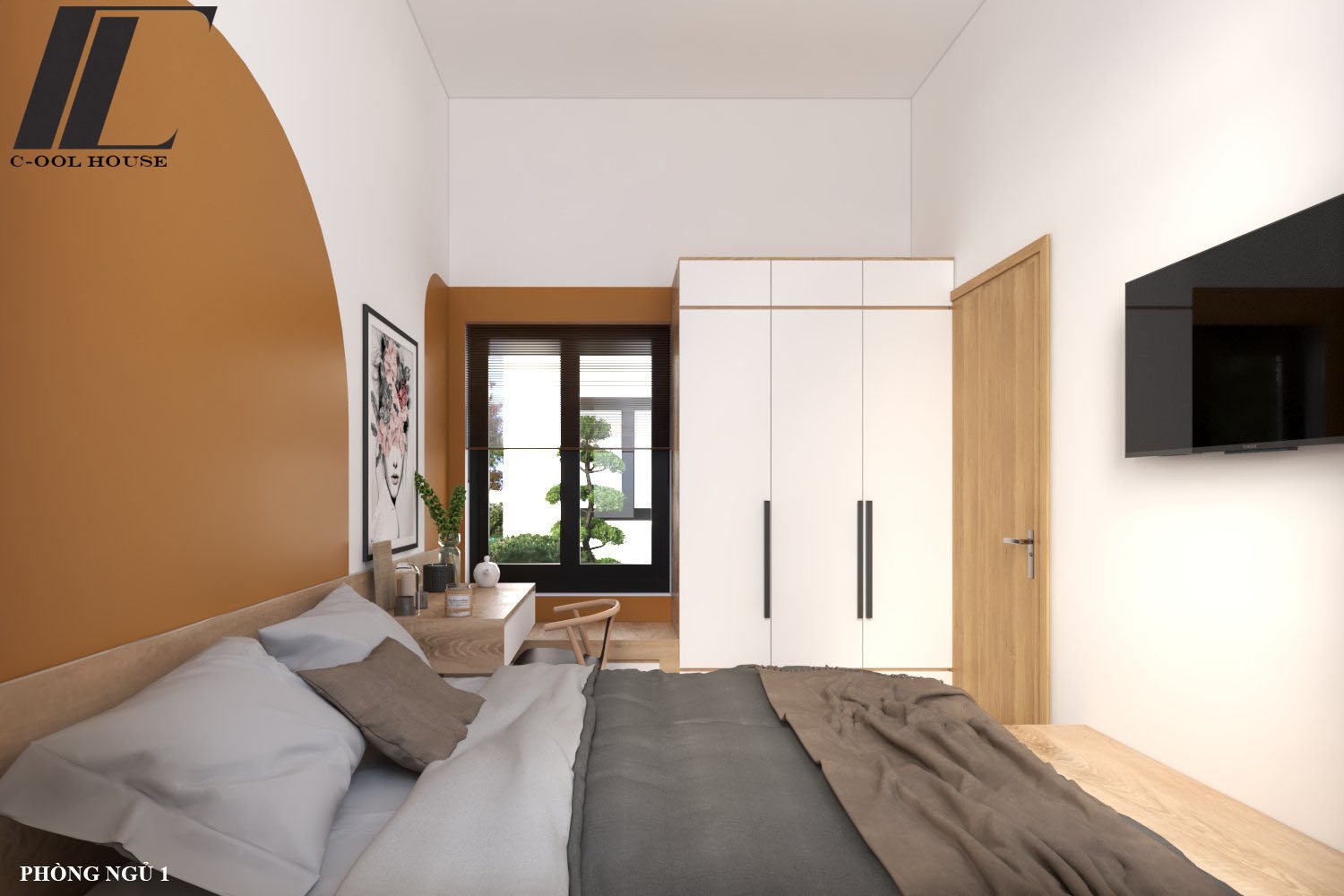 Phòng ngủ màu cam đất nhẹ nhàng và nội thất gỗ sáng