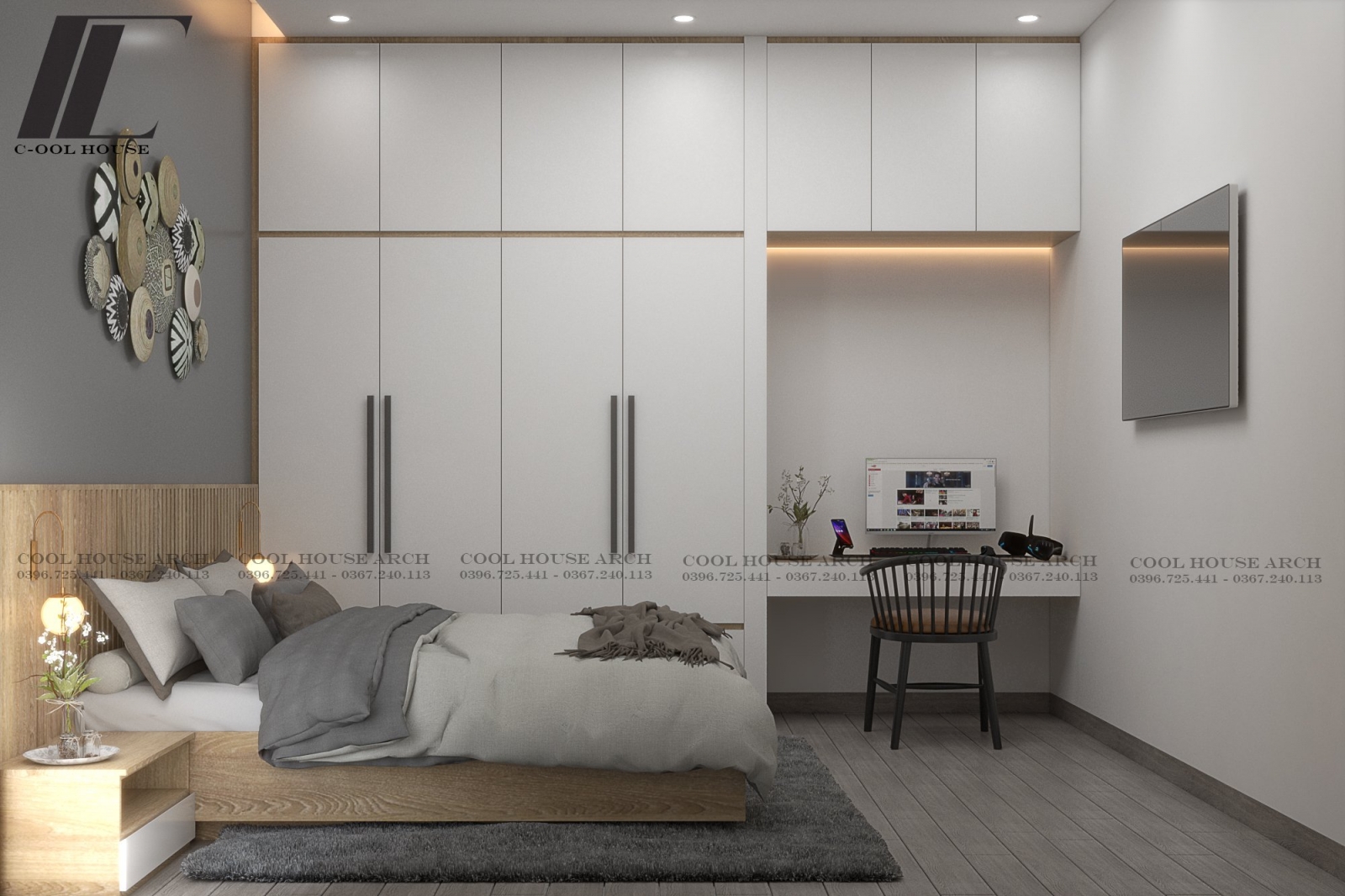 Phòng ngủ master H’s House thiết kế tối giản, sử dụng tông màu be và vật liệu gỗ tự nhiên