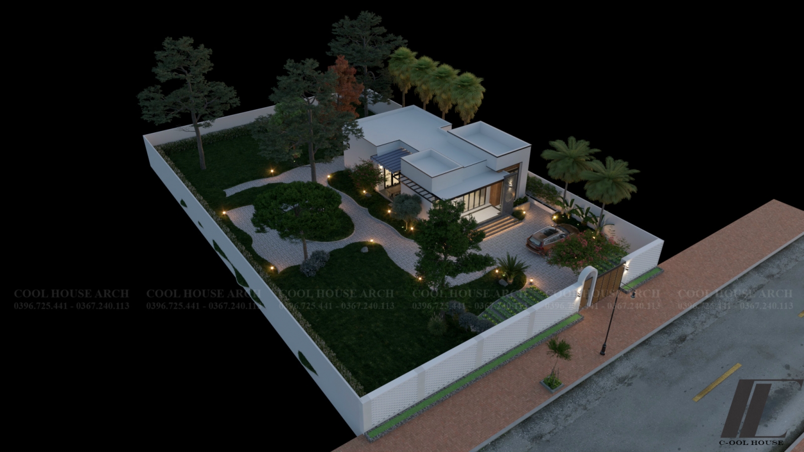 Tổng thể nhà cấp 4 sân vườn hiện đại nhìn từ trên cao - view1