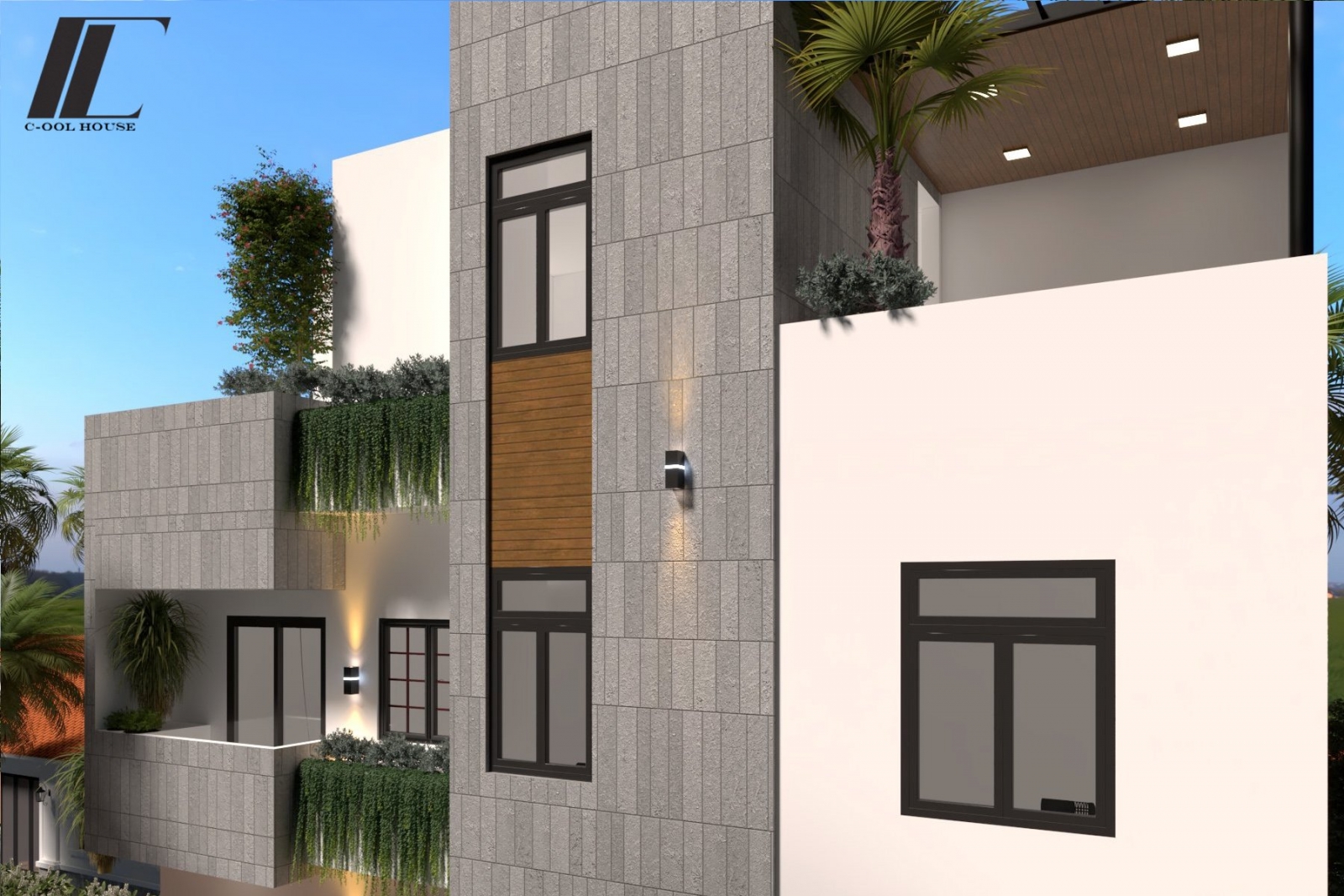 Cận cảnh gạch ốp đá tự nhiên và mảng kính mặt tiền tầng 2