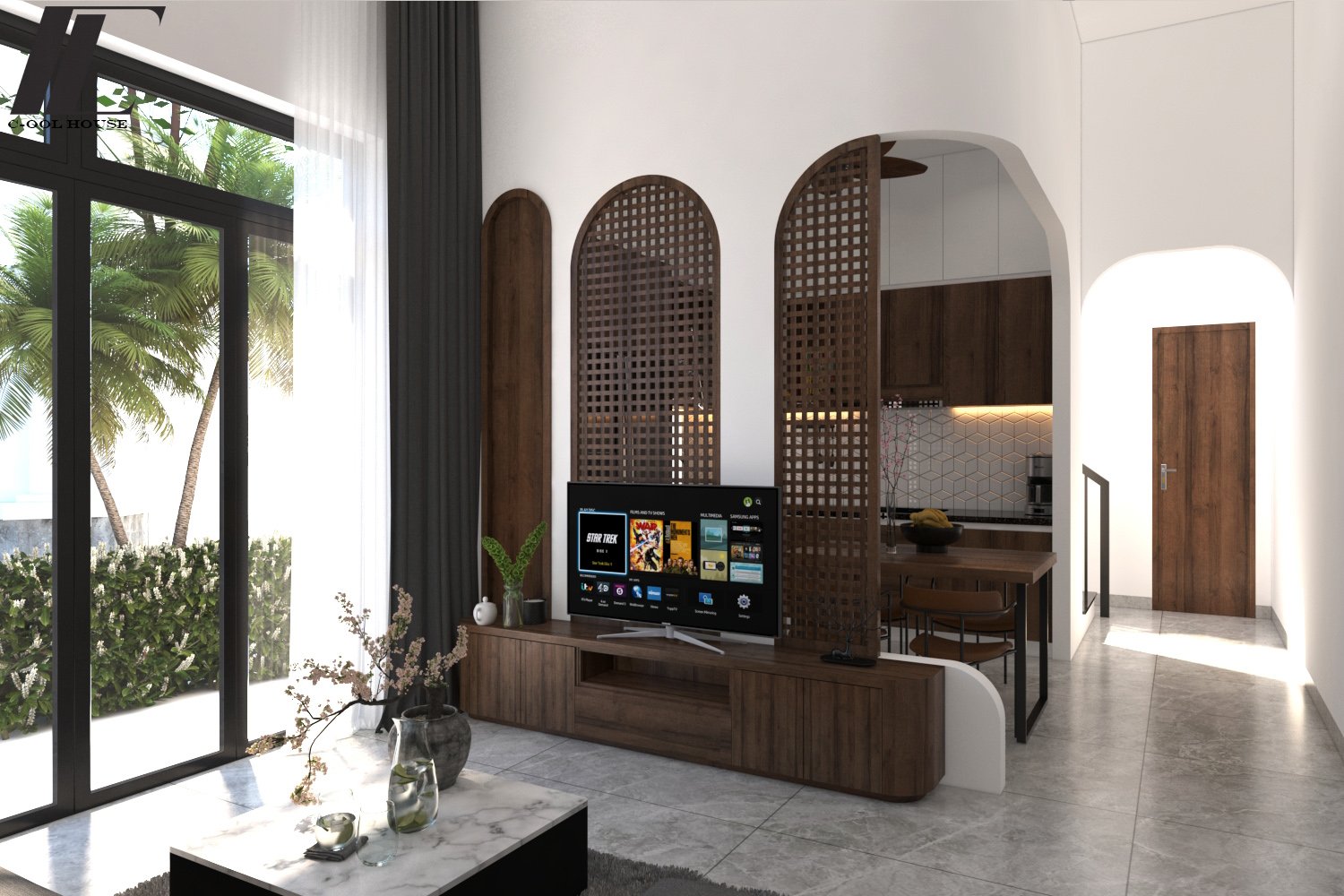 Không gian phòng khách liên thông bếp hiện đại