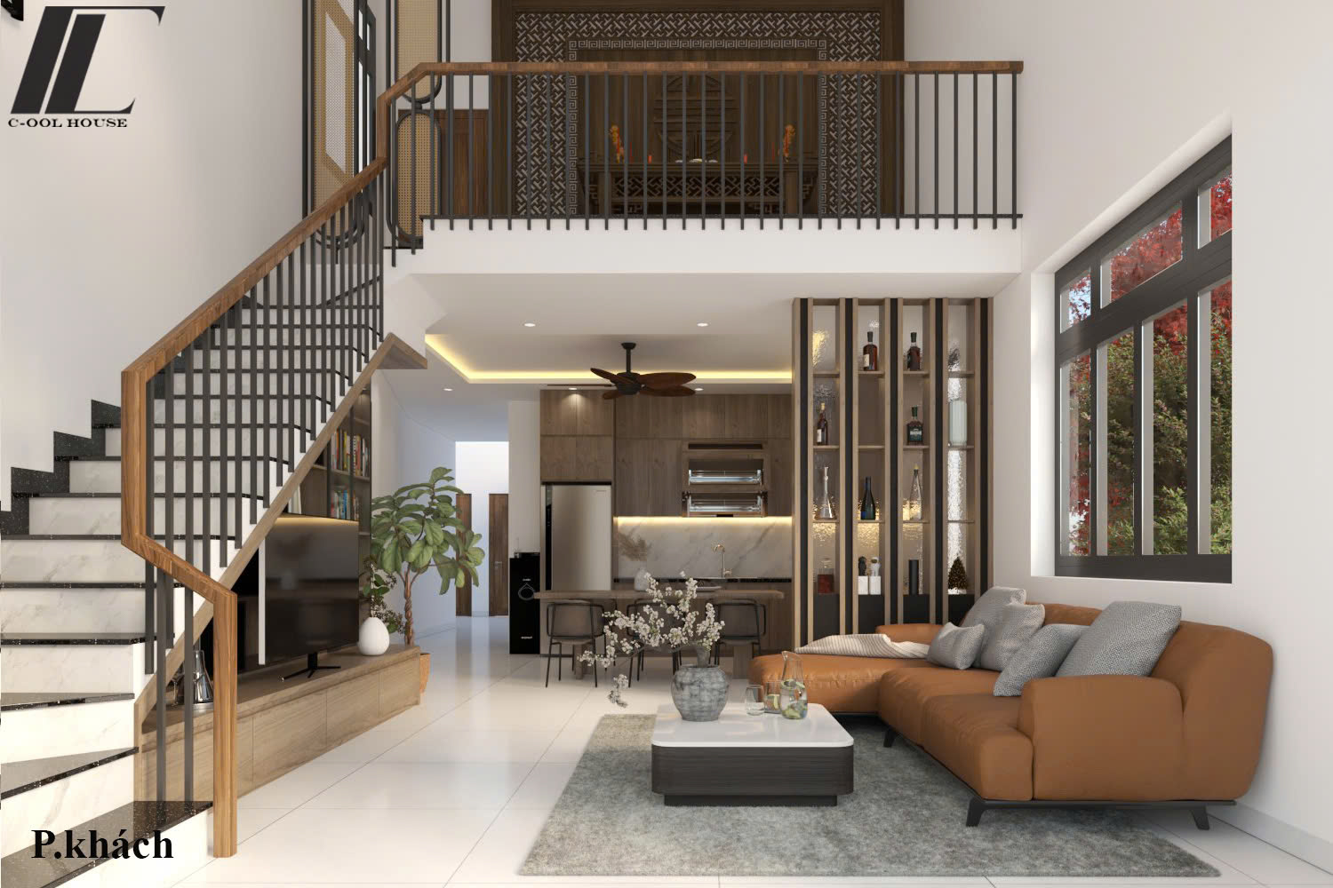 Không gian gác lửng nhà cấp 4 hiện đại với lan can kính và ánh sáng tự nhiên