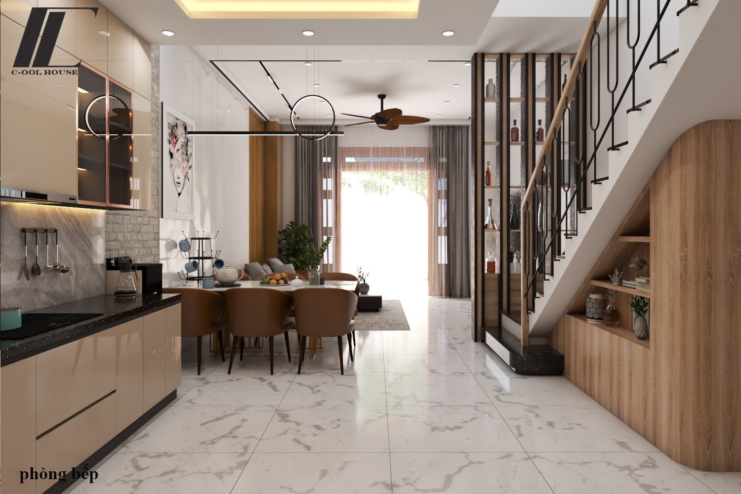 không gian mở kết nối phòng khách và bếp