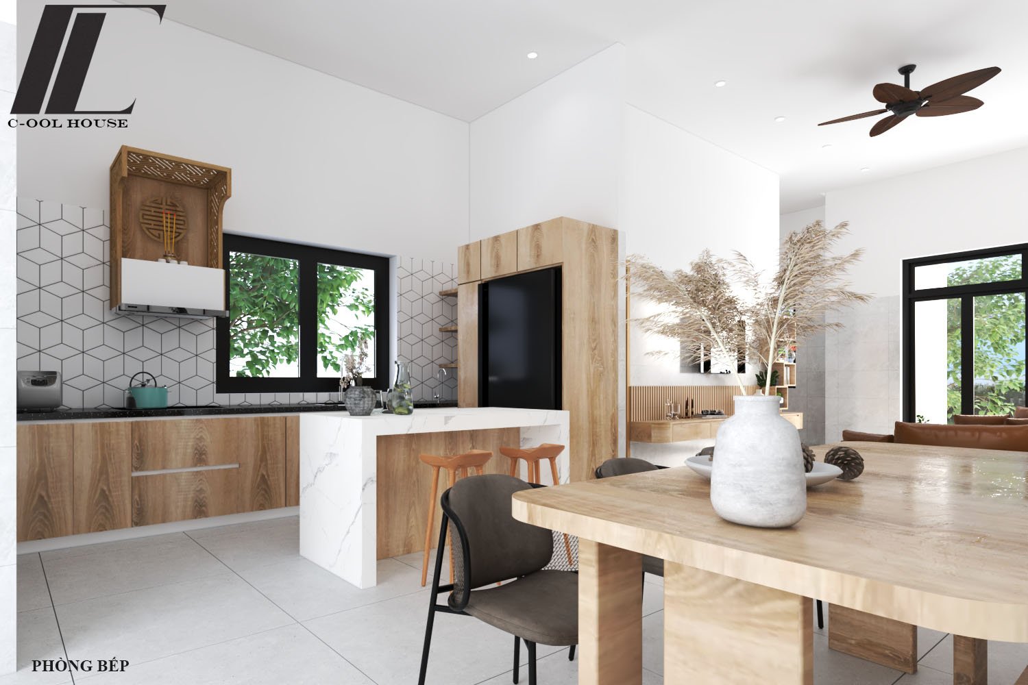 Phòng bếp nhà cấp 4 hiện đại với đảo bếp ốp đá trắng và nội thất gỗ