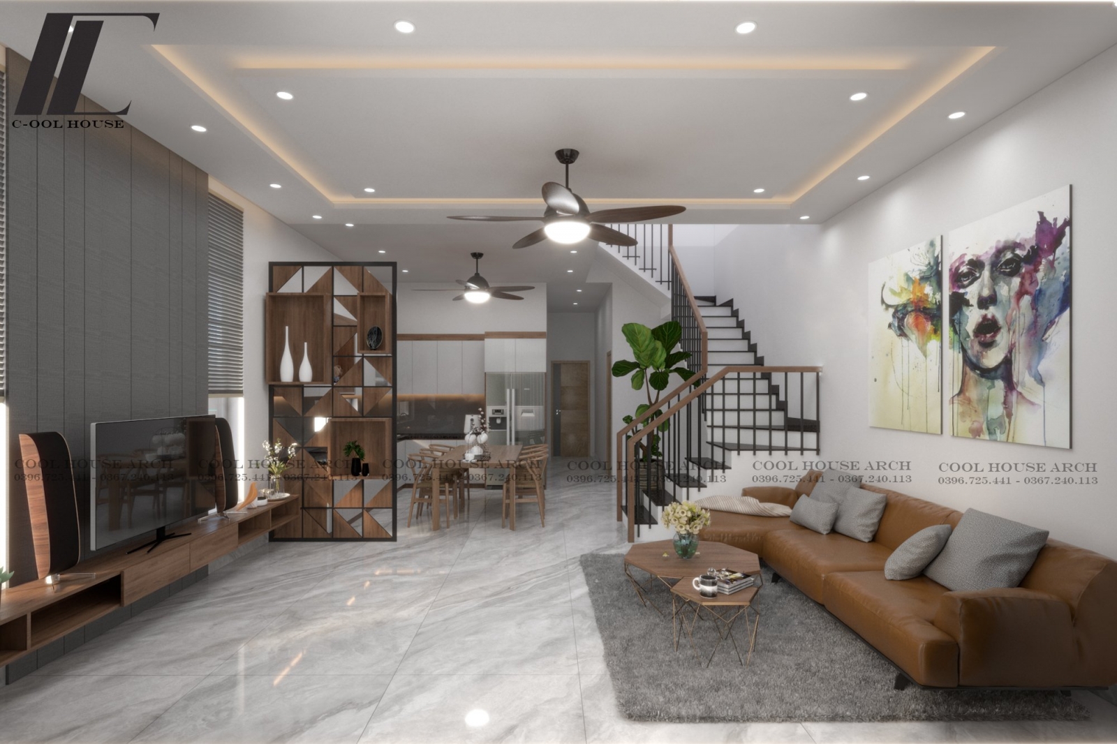 Tổng thể tầng 1 H’s House gồm phòng khách, bếp, phòng ngủ được bố trí thông thoáng và tiện nghi