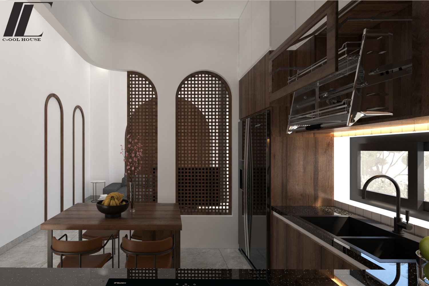 Không gian bếp và bàn ăn sang trọng, nhiều ánh sáng tự nhiên