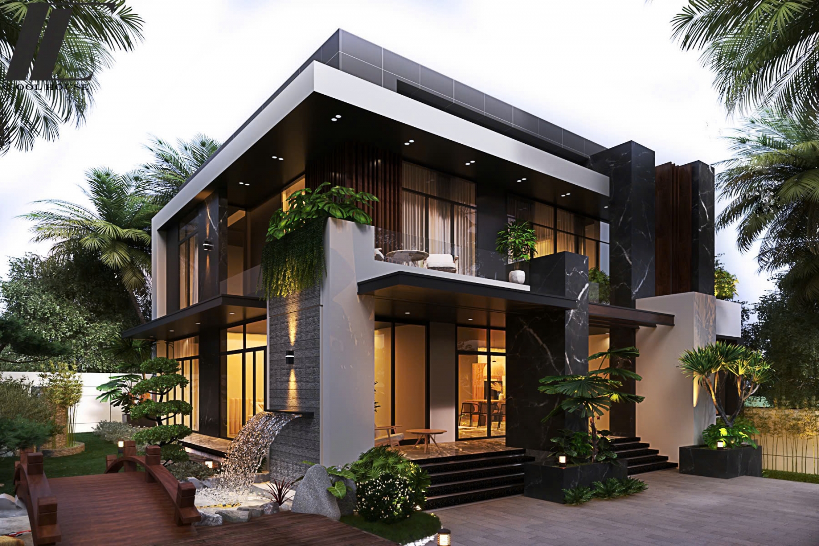 Mặt tiền biệt thự hiện đại tone trắng đen