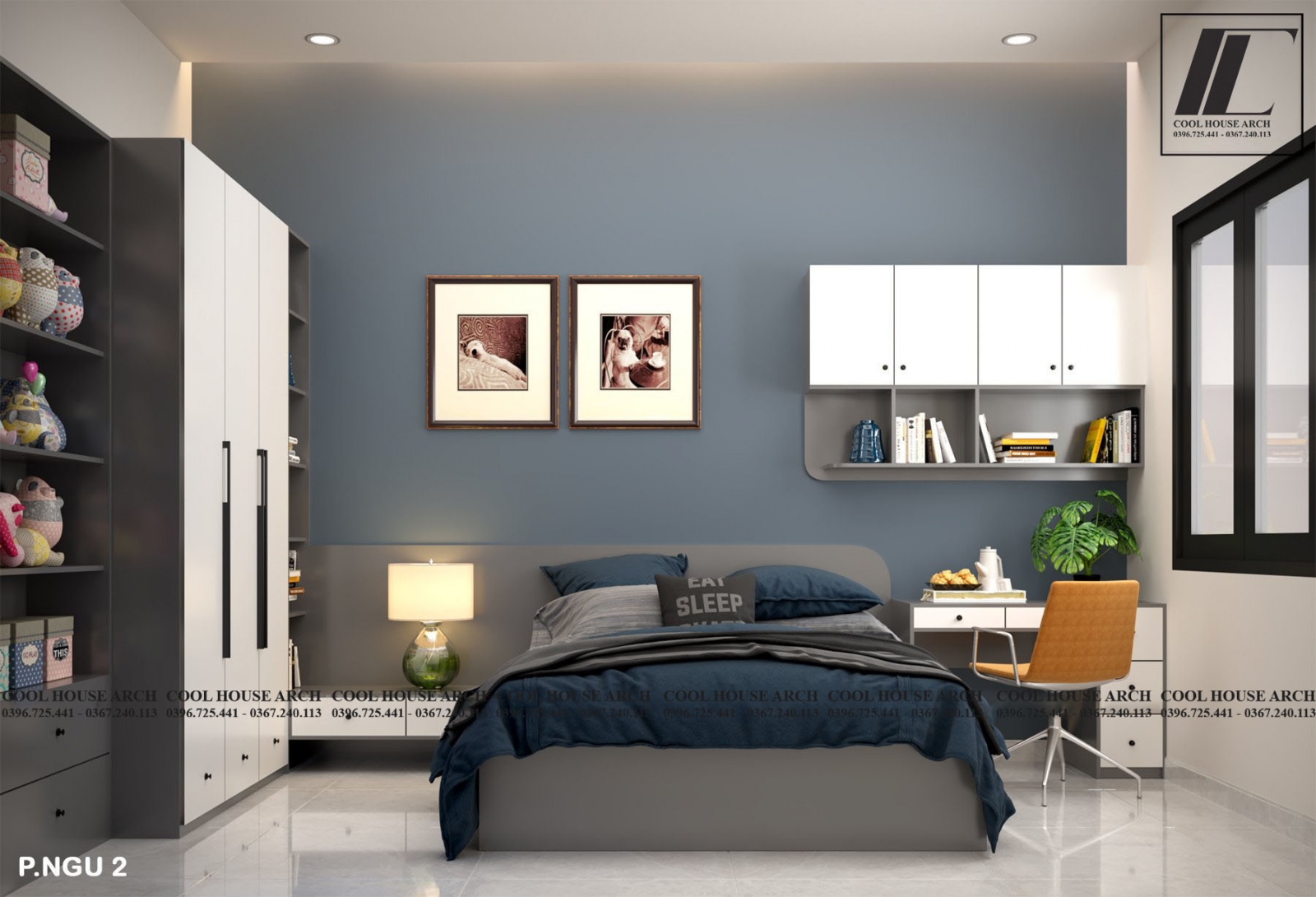 Phòng ngủ phụ trẻ trung, tông xanh navy hiện đại – Thiết kế bởi Cool House tại Đà Nẵng.