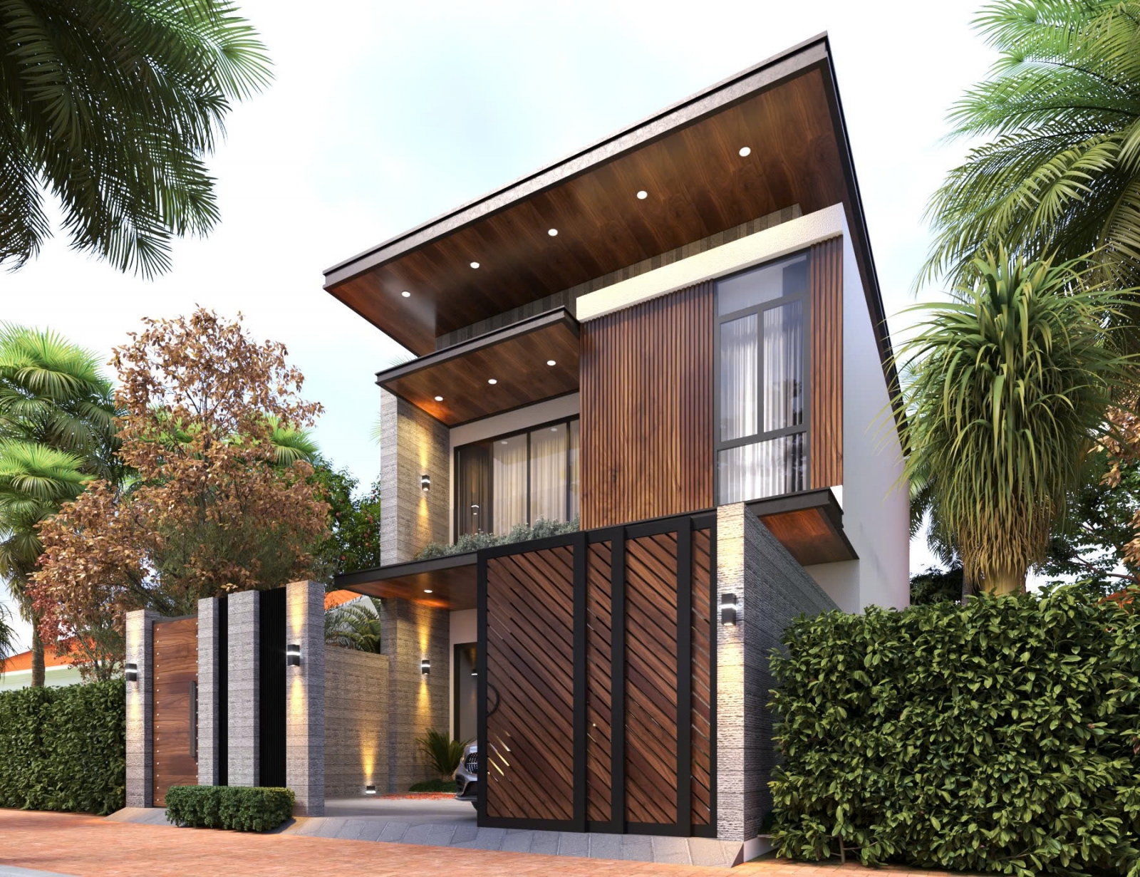 Mặt tiền biệt thự hiện đại 2 tầng Tiến’House Villa với thiết kế kính và lam chắn nắng – Cool House