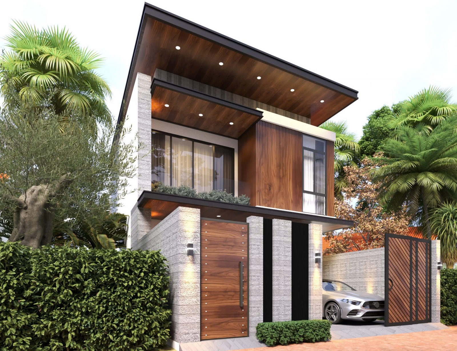 Mặt tiền biệt thự hiện đại 2 tầng Tiến’House Villa với thiết kế kính và lam chắn nắng – Cool House